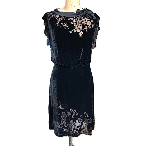 Vintage burnt velvet black midi frilly dress with flowy sleeves - Picture 1 of 16
